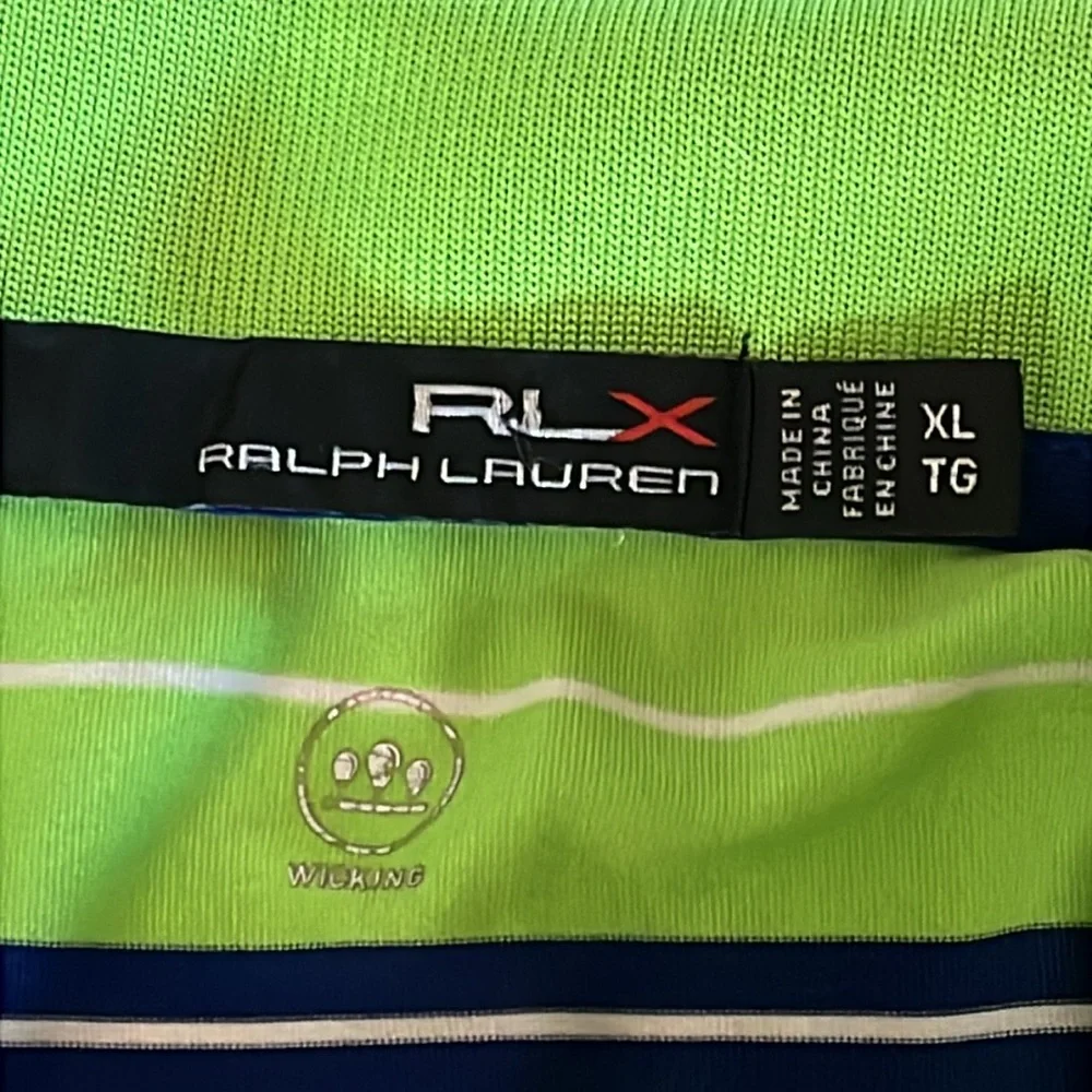RLX Ralph Lauren Golf Polo Blue & Lime Green Stripes S/S Logo on Sleeve Men XL